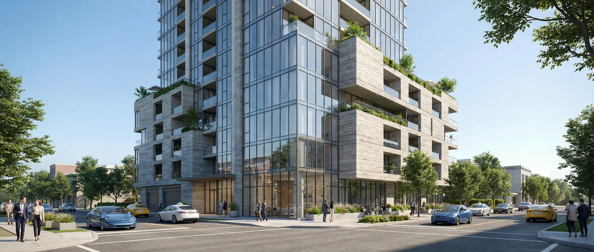 Street Corner Perspective of Glass-and-Stone Commercial Building